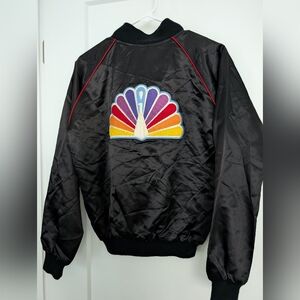 Vintage 1980s NBC Black Bomber Jacket with Peacock, Size Small/Medium